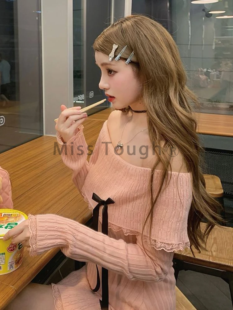 Winter Knit Kawaii Vintage One Piece Dress Women Bow Off Shoulder Elegant Sweater Mini Dress Female Korean Style Chic Dress 2023