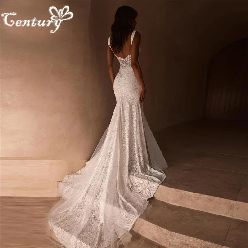 Boho Wedding Dresses Mermaid 2025 Lace V Neck Backless Sweep Train Rustic Garden Bridal Dress for Women Bride Customized