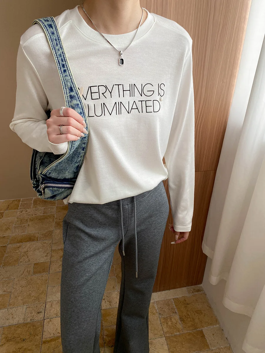 

2025 Spring And Autumn Embroidered Letters Round Neck Pullover Top Straight Shoulder Long Sleeve T-shirt Bottoming Shirt