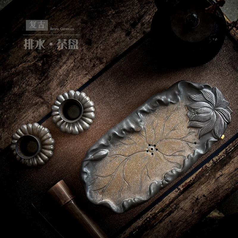 Retro Ceramic Tea Tray Household Tea Table Water Storage Tea Platform Teaware Teapot Tray Creative Lotus Tea Pitcher Wholesale