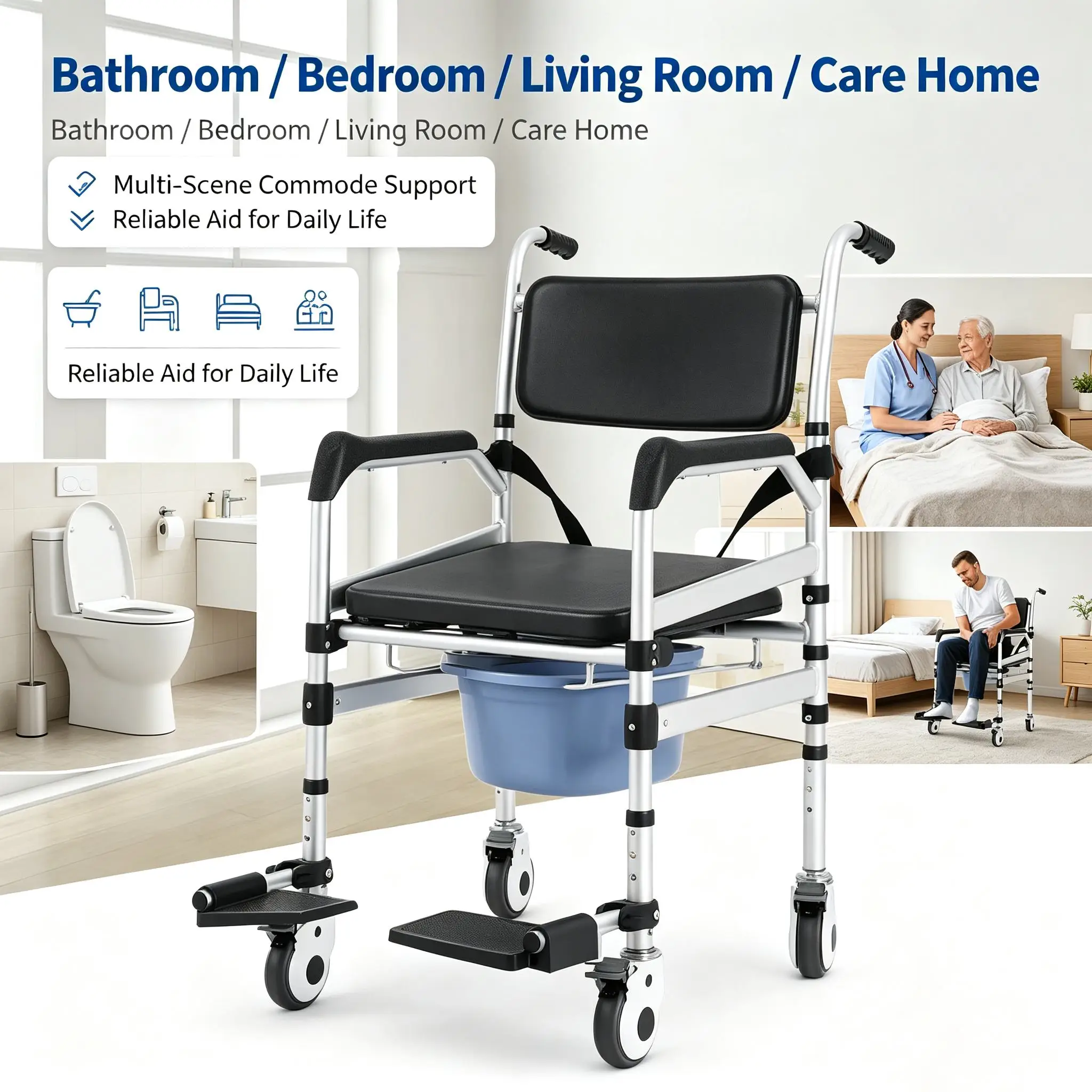 Chaise de douche pliable avec roulettes, réglable en hauteur sur 3 niveaux, chaise de toilette pour personnes âgées et handicapées