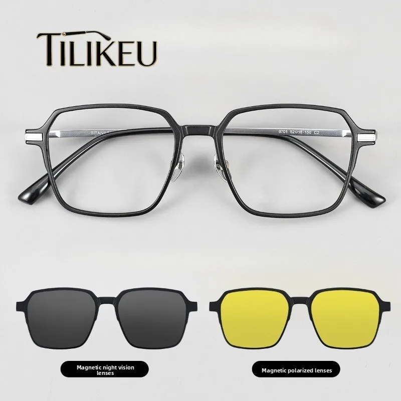 New Pure Titanium Magnetic Eyeglasses Frame Large Face Men's Driving Myopia Night Vision Polarized Magnetic Sunglasses UV400