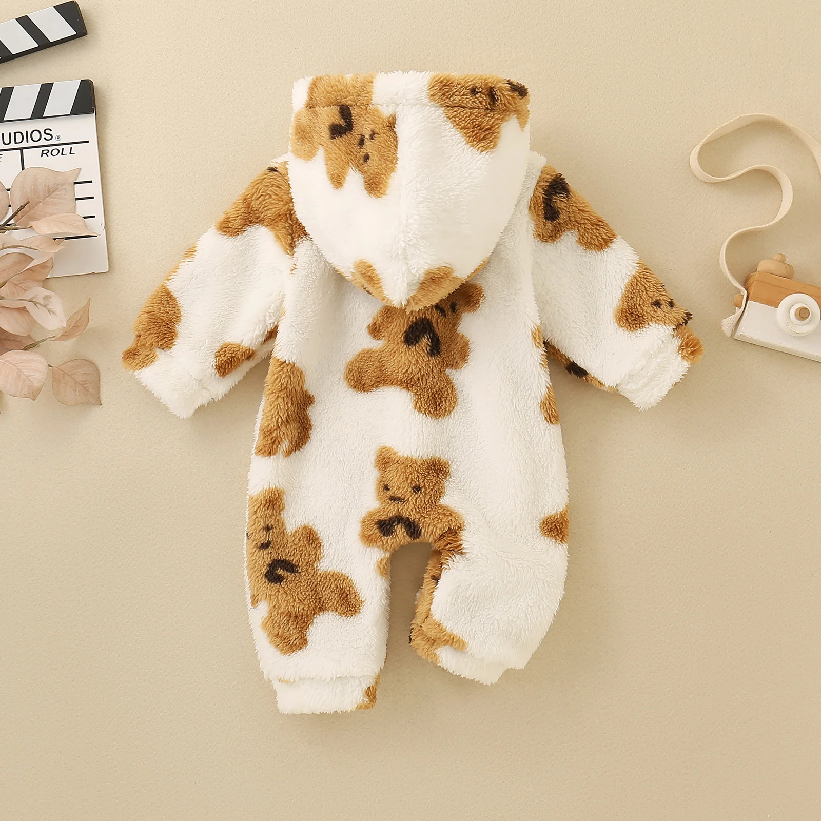 Newborn Baby Bear Print Fleece Hooded Jumpsuit Toddler Warm Plush Long Sleeve Romper Infant Winter One Piece Outfit