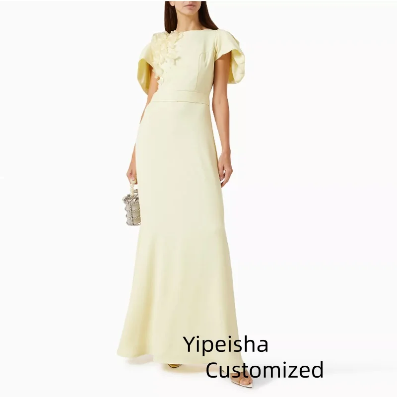 

Customized Elegant Appliques Evening Dress Cut Out Sleeves Prom Dress Draped A-Line Floor Length Satin Formal Party Dresses