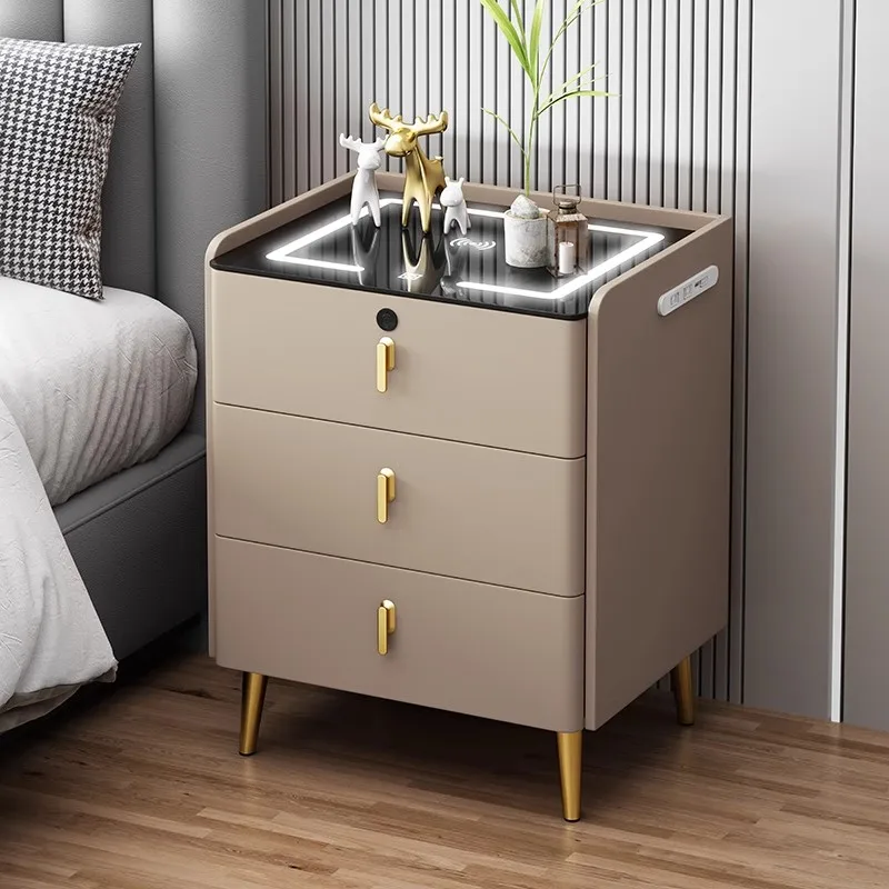 طاولة بجانب السرير ذات درج علوي ذكي، طاولة بجانب السرير فاخرة بيضاء لامعة #2