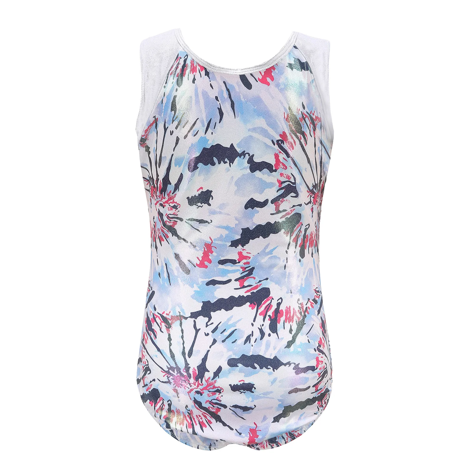 Kids Girls Stylish Printed Dance Suit Sleeveless Metallic Leotard With Shorts Ballet Gymnastics Stage Performance Casual Costume