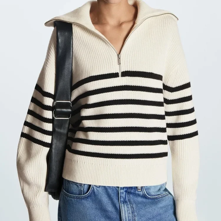 2024 Autumn Winter Women's New Arrivals Loose Fit Knitted Sweater with Retro Stripes, Open Neck and Zippered Big Lapel Pullover