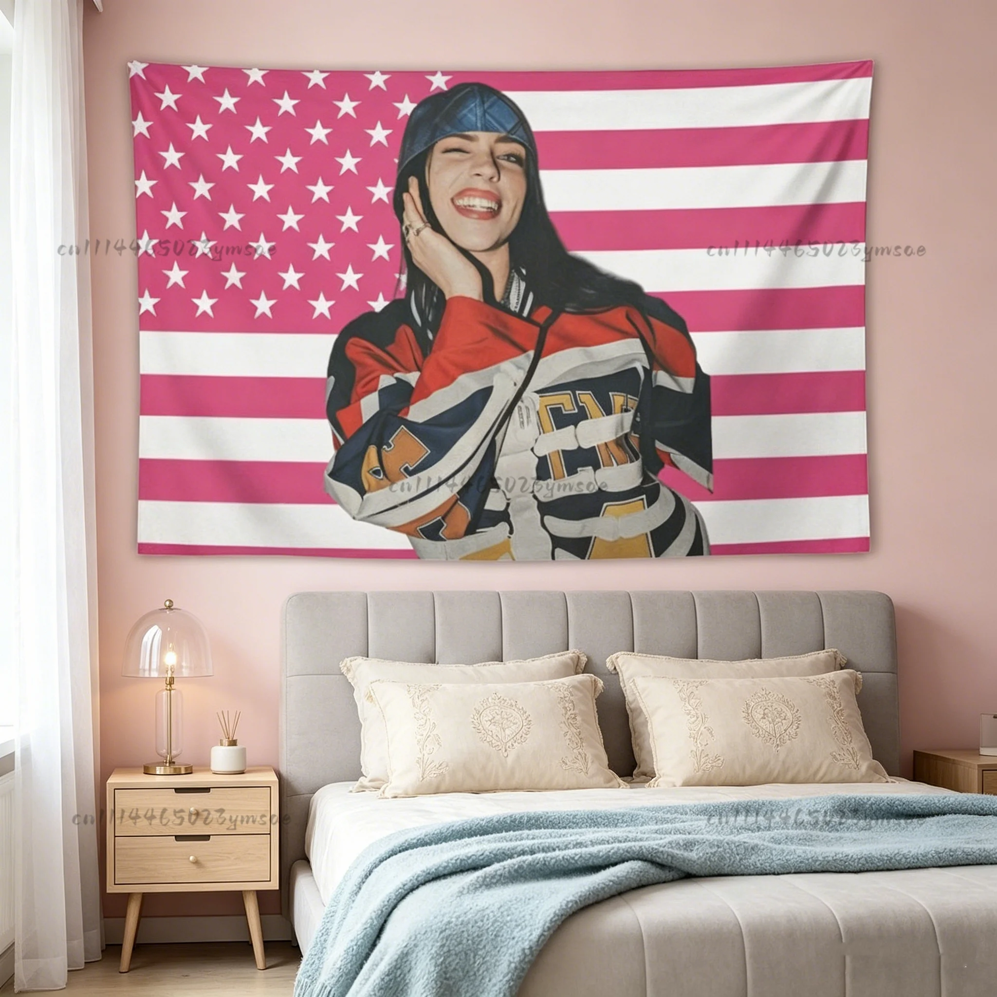Themen-Poster Wandteppich Banner Rosa Amerikanische Flagge B-Billie-Eilish Musik-Flaggen Wandbehang Ästhetische Schlafzimmer-Wohnheim-Dekoration Fangeschenk