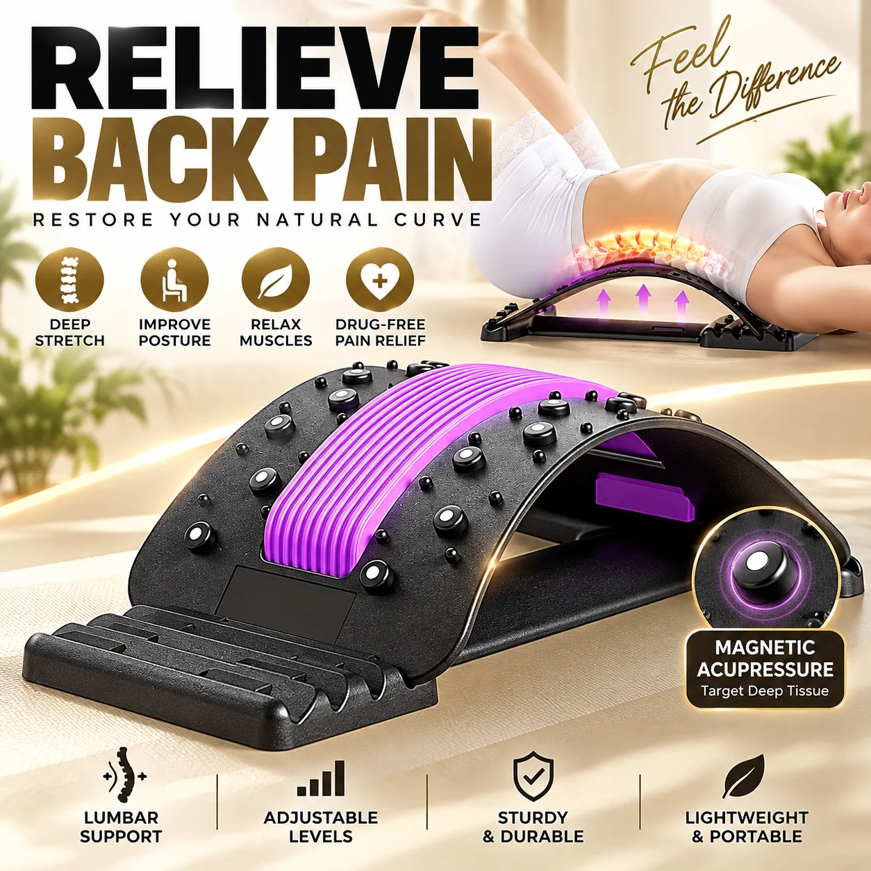 Lumbar Relief Device: Multi-Functional Spine and Vertebral Correction Board, Adjustable for Yoga, Acupuncture, and Massage.