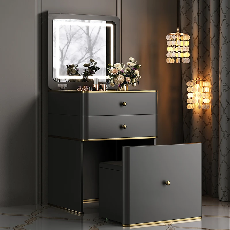 

Small Bedroom Vanity With Flip Cover Hidden Mirror Compact Luxury Vanity Table Nordic Modern Coiffeuse De Chambre Furniture
