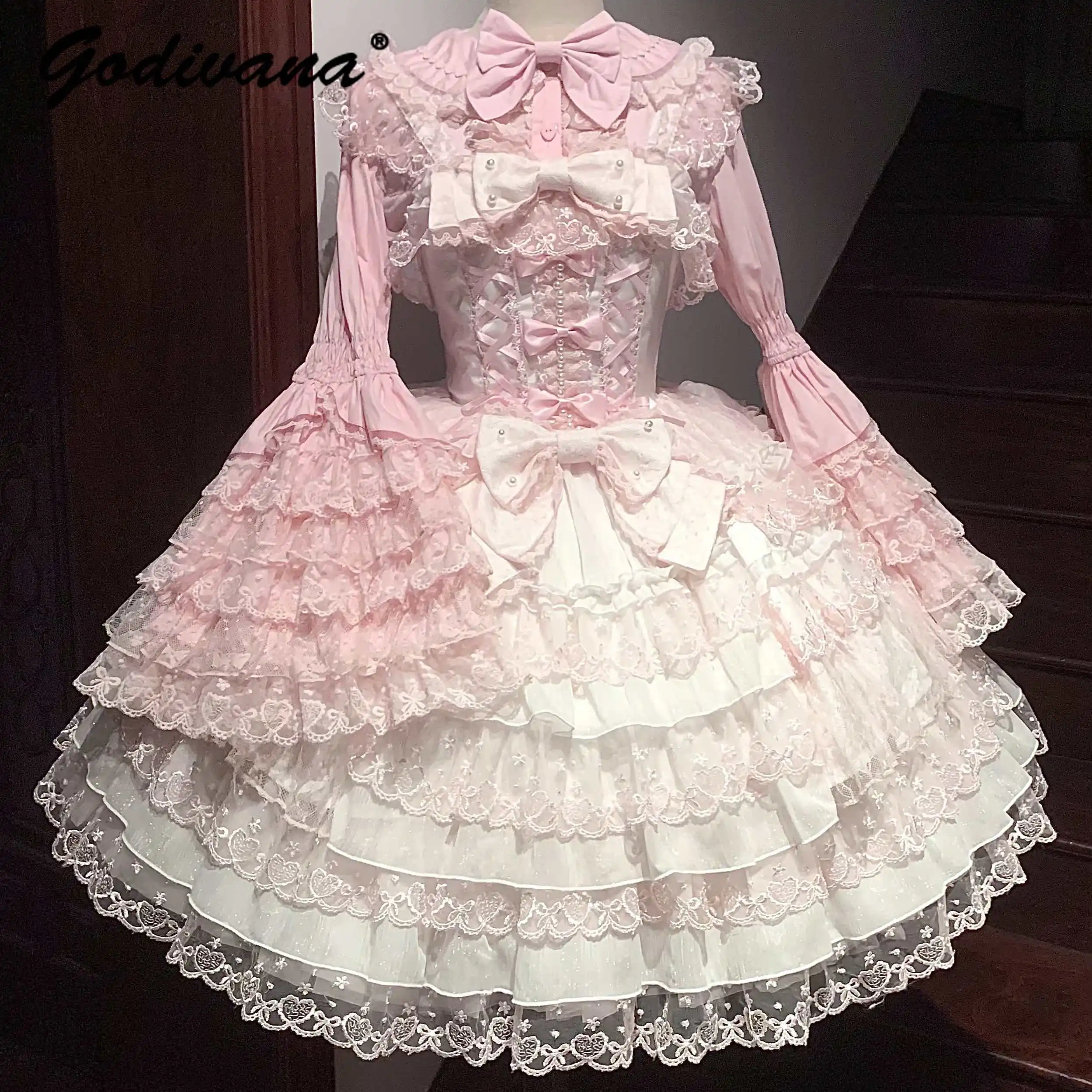 Original Design Lolita JSK Hosenträgerkleid Süßes Mädchen Damen Langarm Innenhemd Süßes Prinzessin Sling Kuchenkleid mit Umhang