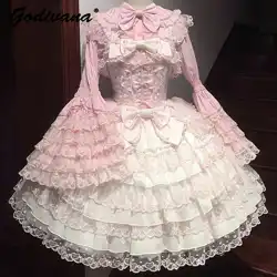 Original Design Lolita JSK Hosenträgerkleid Süßes Mädchen Damen Langarm Innenhemd Süßes Prinzessin Sling Kuchenkleid mit Umhang