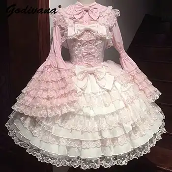 Design original lolita jsk suspender vestido doce menina feminina manga longa camisa interna bonito princesa estilingue bolo vestido com capa