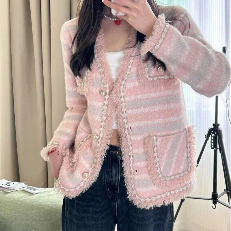 Women French Style Luxury Chic Striped Furry Button Knitted Cardigan Autumn Winter Elegant V Neck Long Sleeve Loose Sweater Coat