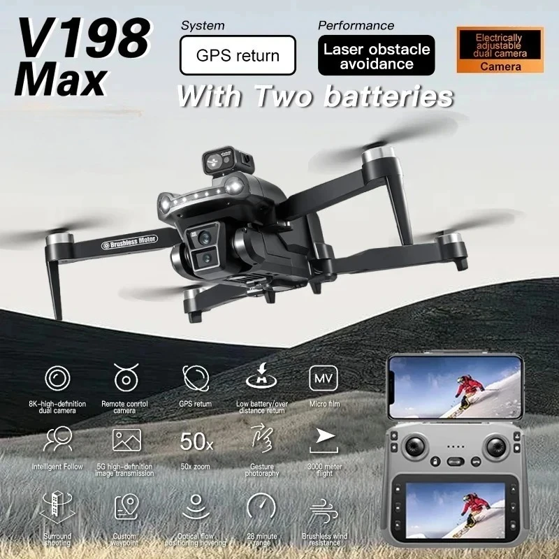 Original V198Max GPS Drone 4K Professional 8K HD Two Camera  Brushless Motor 5GWIFI FPV RC Quadcopter Helicopter with Screen toy