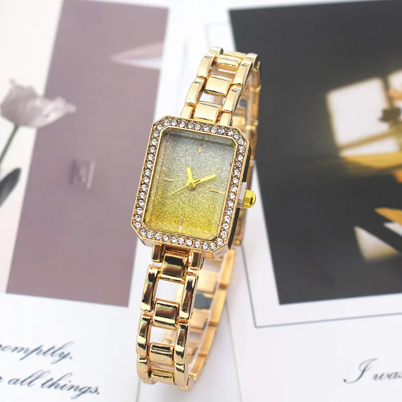 Jam Tangan Wanita Bermerek Mewah Jam Tangan Kuarsa Wanita Desain Minimalis Kristal Persegi Modis Jam Tangan Baja Tahan Karat Reloj Mujer
