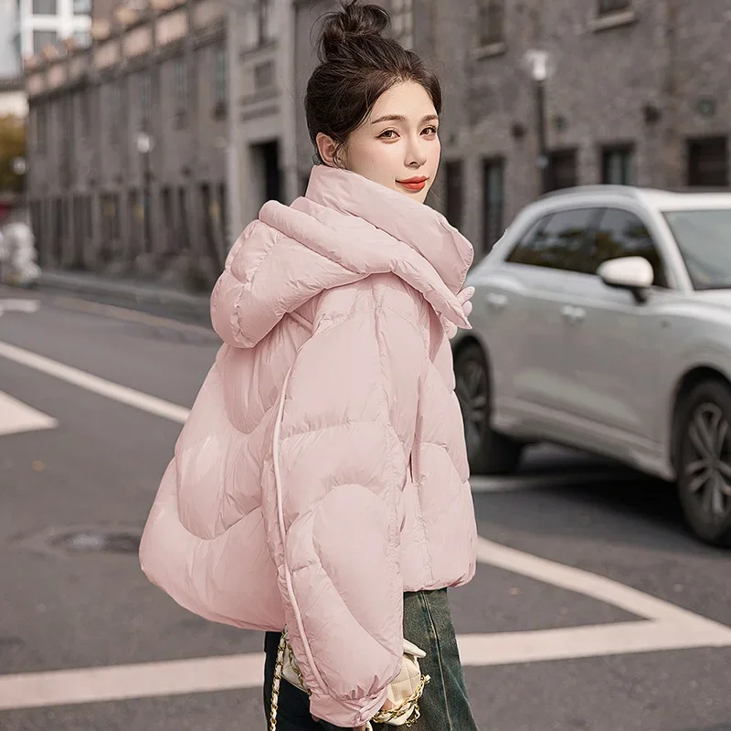 Sweet Flowers Short Down Jacket Female New Winter Cute Casual White Duck Down Thickened Warm Stand Collar Hooded Puffer Jacket