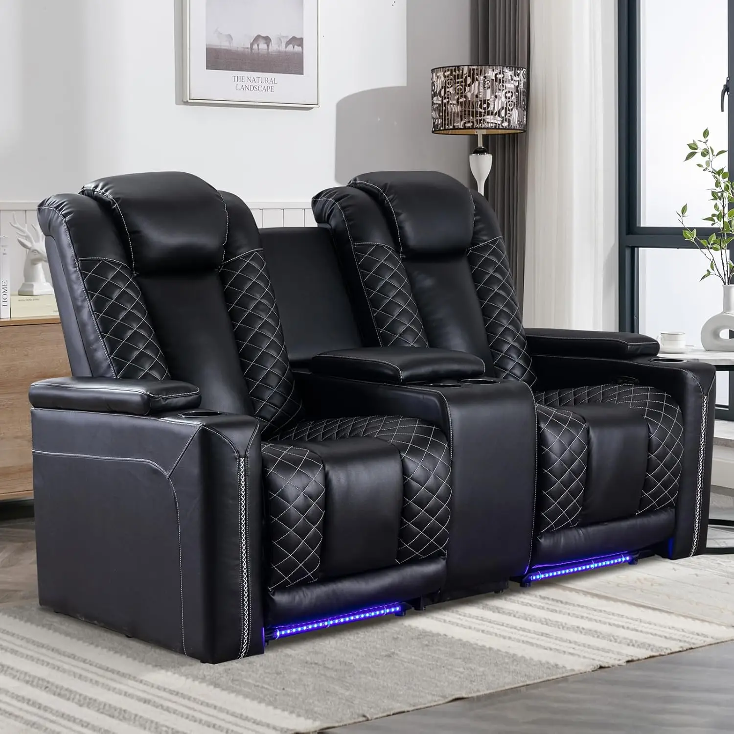 

Home Theater Seating, Electric Power Loveseat Recliner with USB Ports and Cup Holders, Breathable Faux Leather Dual Recliner