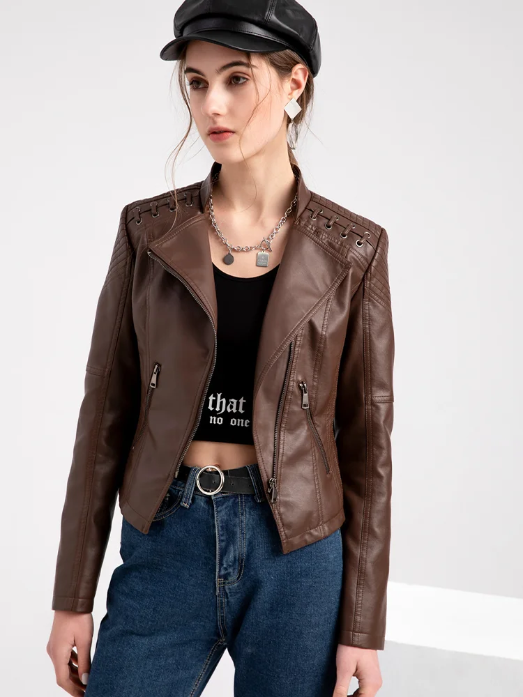 Women's PU Faux Leather Short Jacket, Slim Thin Leather Jacket, Ladies Motorcycle Suit, Lapel, Spring and Autumn, 2024