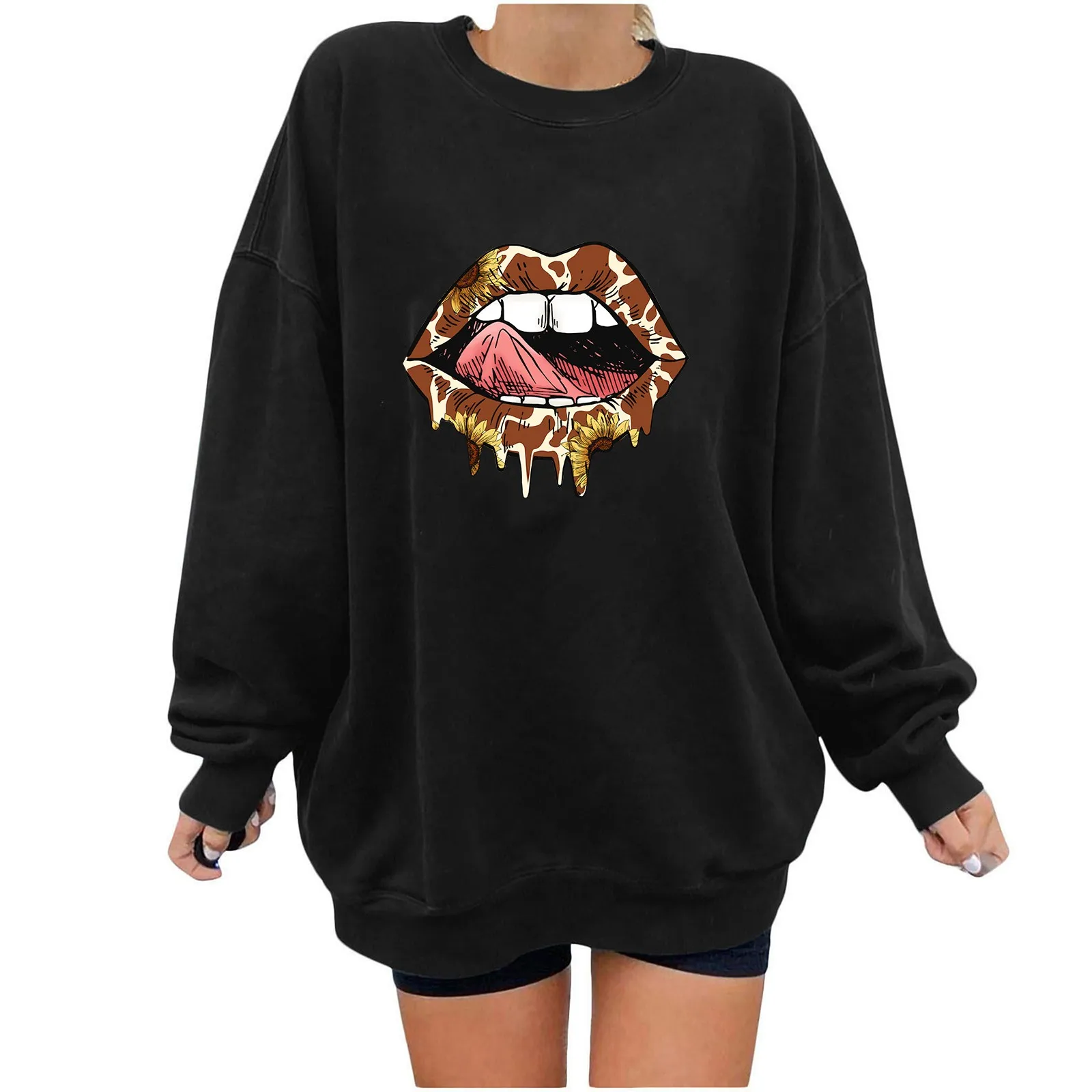 

Women'S Casual Top Hot Lip Pattern Printed Sweatshirt Long Sleeve Plush Round Neck Pullover Women'S Hoodie Sweater Top