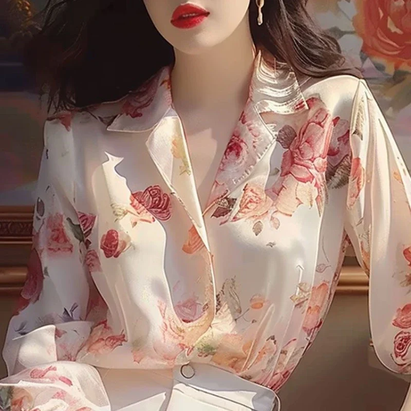 

Retro Sweet Fashion Loose and Versatile Blouses Three Quarter Stand Collar Printed Button Women's Shirt Top XQ181