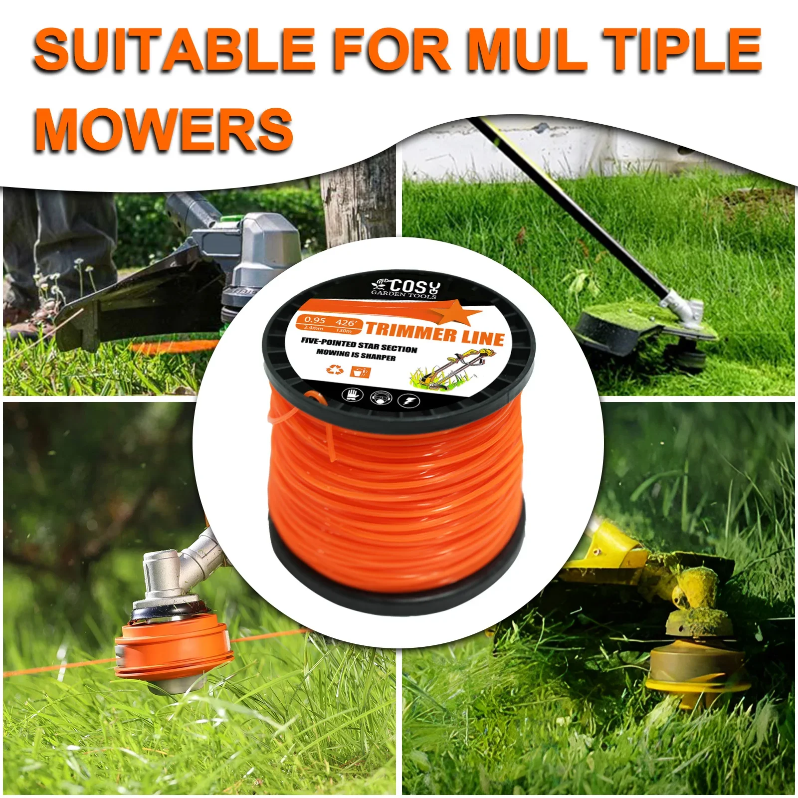 2.4mmx130m Brush Cutter Sharp Rope Grass Mower Pentagram Nylon Mowing Trimmer Line Trimmer Head String Grass Trimmer Roll Line