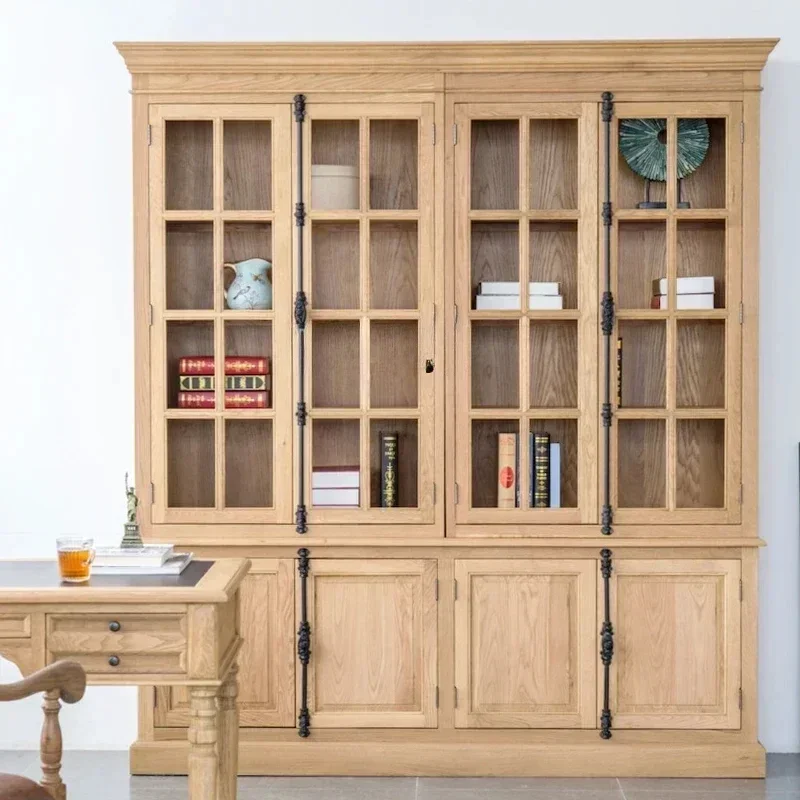Solid wood oak American solid wood dining side cabinet Solid wood heaven and earth lock bookcase Glass door bookcaseHY
