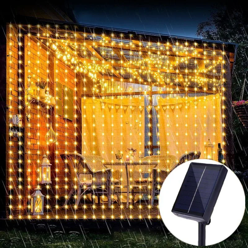 Solar Power Curtain String Lights 8 Lighting Modes Outdoor Christmas Lighting Great for Wedding Party Pergola Garden Decoration