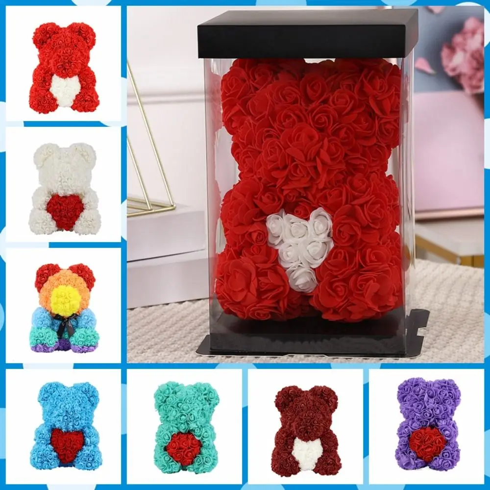 25cm Eternal Flower Rose Bear with Dust -proof Box Simulation Flower Artificial Flowers Red Rose Embracing Love Heart