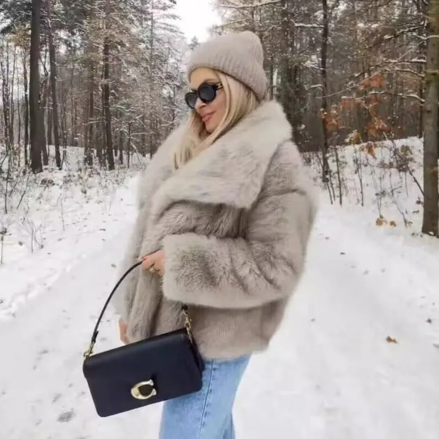 Trends Large Lapel Fluffy Jacket Faux Fur Coat Women Autumn Winter Fur Jackets Warm Thick Cardigan Streetwear Eco-Chic New