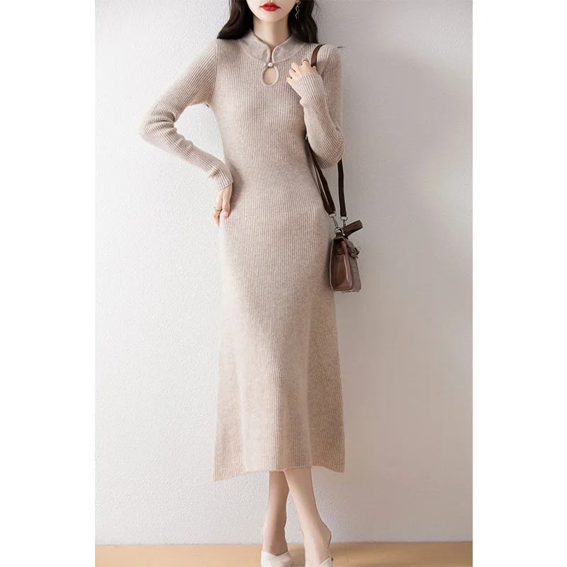 New Chinese Style Buckle 100% Wool Skirt Women\'s Autumn And Winter New Long-Sleeved Knit Dress Slim Long Slim Bottoming Dress