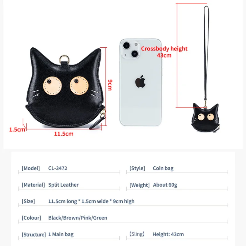 Genuine Leather Neck Purse Bag Cowhide Student Small Cute Cat Coin Wallet Card Holder Key Lipstick Earphone Storage Pouch Women