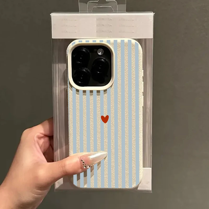 

Blue Striped Red Heart Pattern Lychee Texture Phone Case For iPhone 17 Pro Max 11 12 13 14 15 16 Pro 15 Plus 17 Air Soft Cover