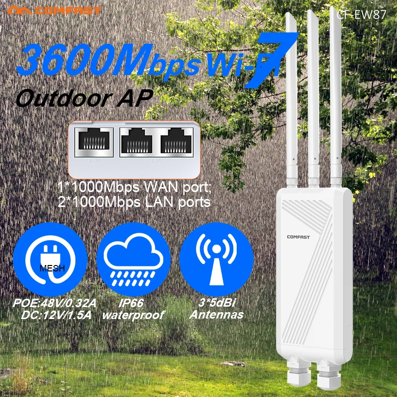 COMFAST 3600Mbps WiFi 7 Outdoor Access Piont 2.4G/5.8G Wireless AP 3*5dBi Antennas WIFI Router 48V POE/12V DC Powered IP66