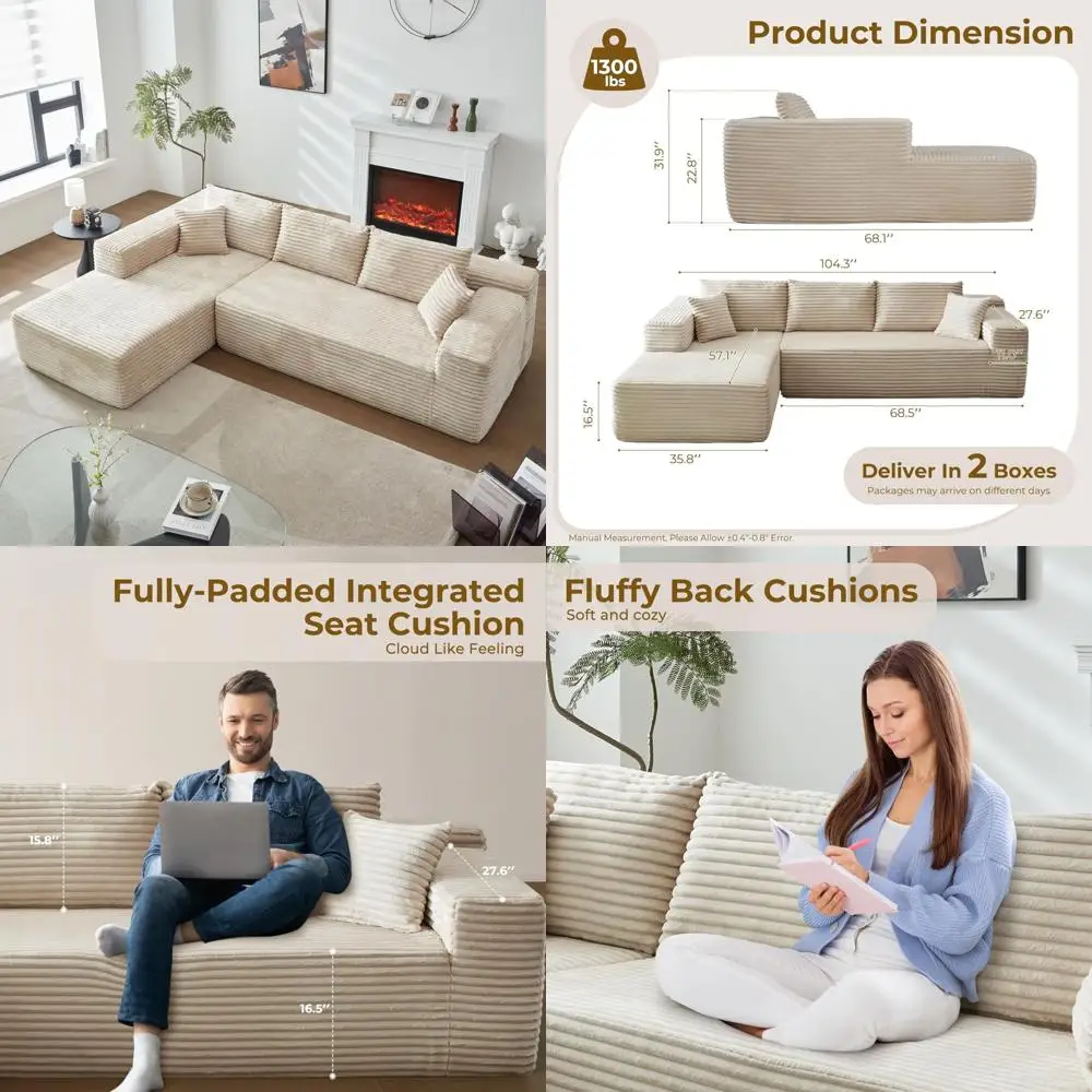 

"contemporary 104-inch l-shaped sectional sofa: plush upholstered cloud couch for living room - minimalist design with deep seat