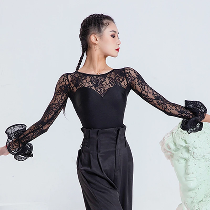 Long Sleeve Ballroom Latin Dance Tops Women Sexy Lace Stitching ChaCha Practice Wear Tango Rumba Dance Performance Clothes 3249