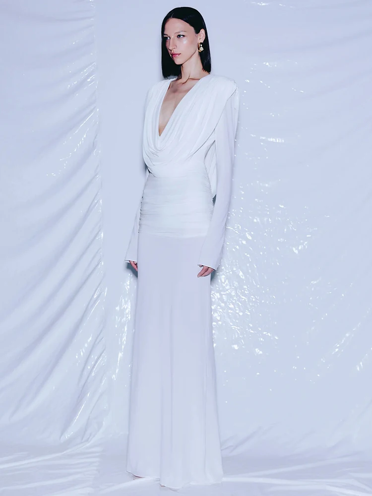 VC White Swinging Collar Long Dress For Women Ruched High Waist Long Sleeves Slim Elegant Evening Party Gowns