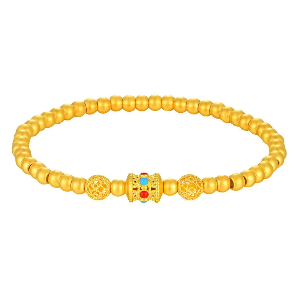 9999 Bracciale con perline di trasferimento antichi in vero oro 24 carati, squisite perline mercerizzate con fiori cavi, piccolo braccialetto con fagioli dorati femminili