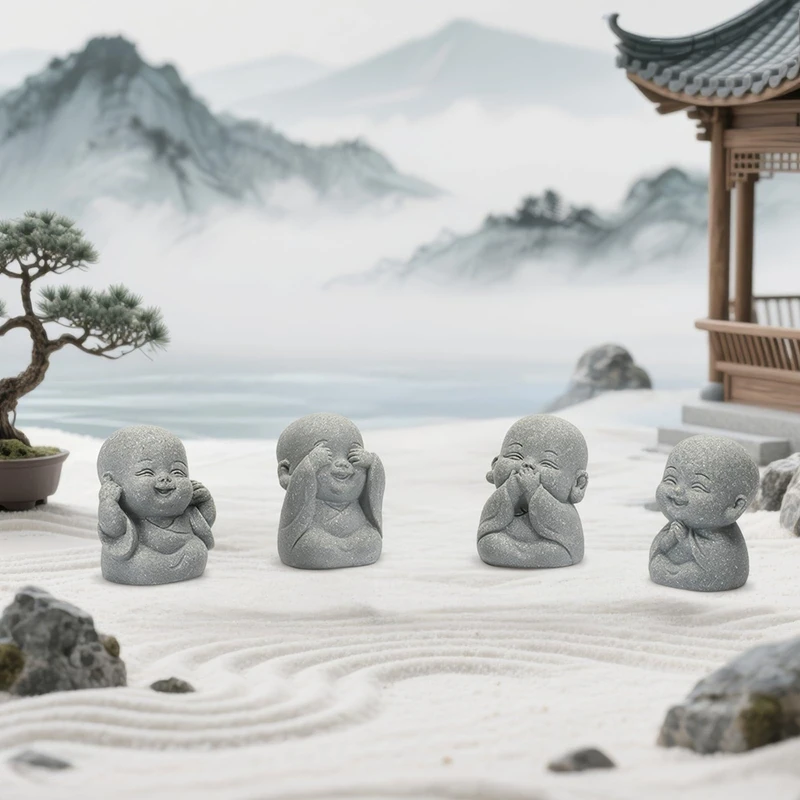 4PCS Laughing Buddha Statue for Good Luck Feng Shui Decor,Cute Small Sandstone Buddha Statue for Home and Aquarium Decor