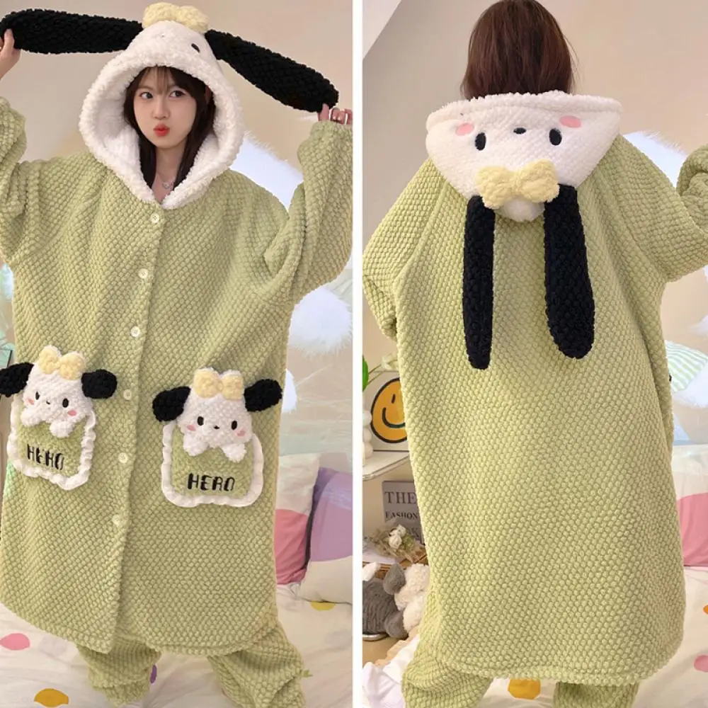 Sanrioed Hello Kitty 2Pcs Women\'s Plush Pajamas Robe Set Suit Melody Kuromi Kawaii Winter Homewear Cartoon Hooded Thicken Soft