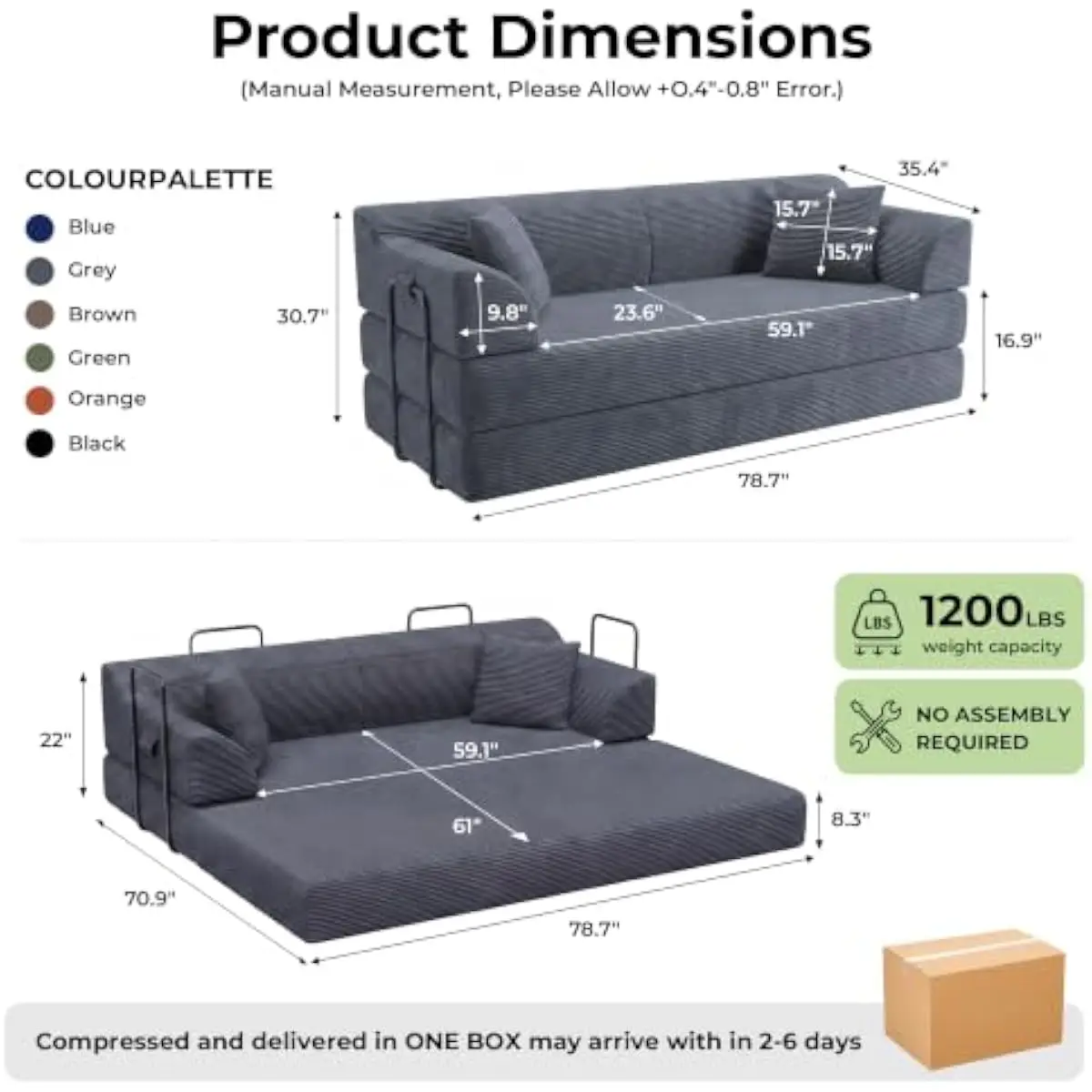 79 Inch Convertible Sofa Bed for Compact Living Spaces | Modern Dark Gray Corduroy Sleeper with High-Density Foam Core and Non-S