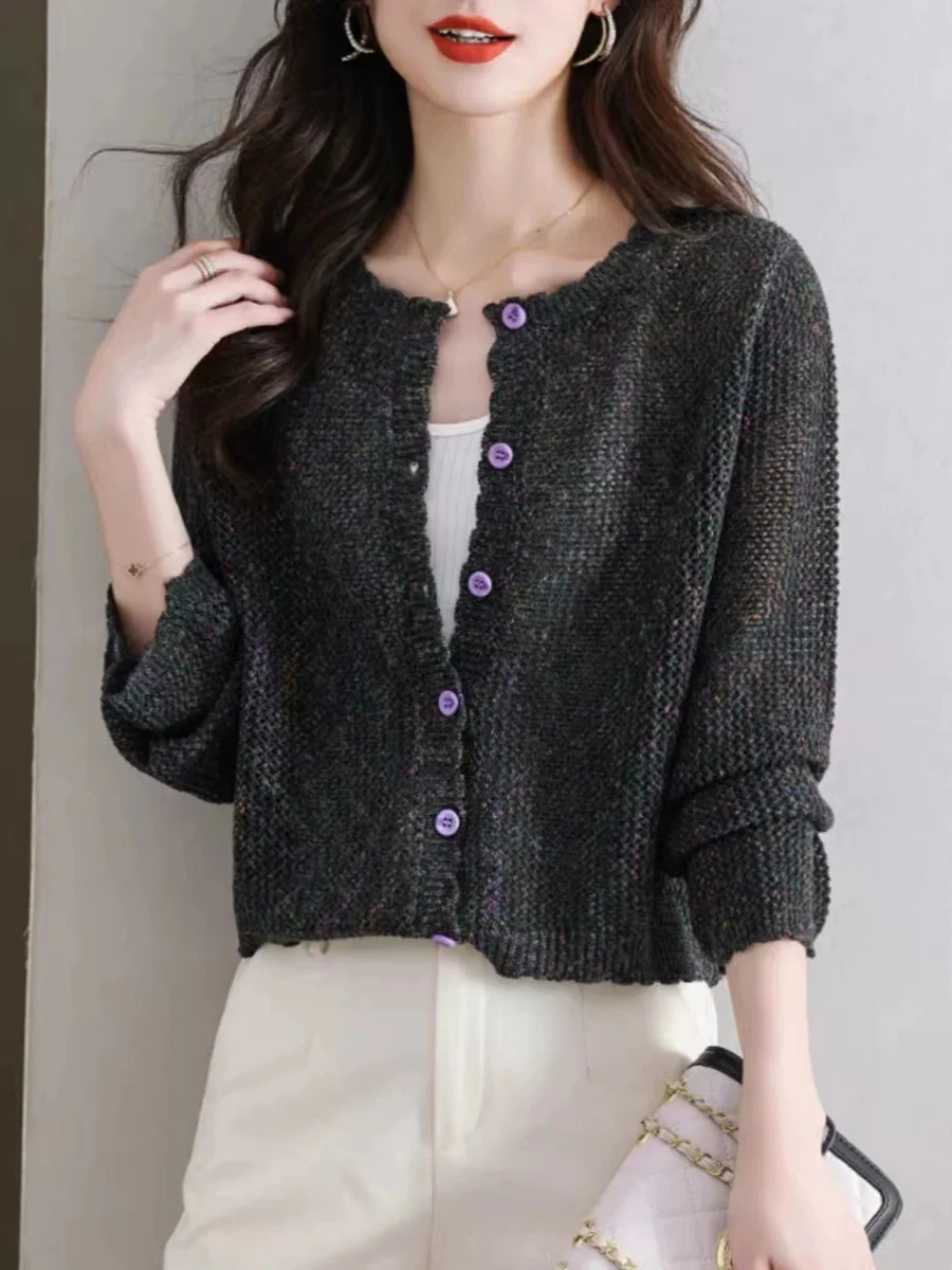 Giacca maglione colorata scavata per donna 2025 Nuova primavera/estate Cardigan corto lavorato a maglia sottile in pizzo girocollo a maniche lunghe