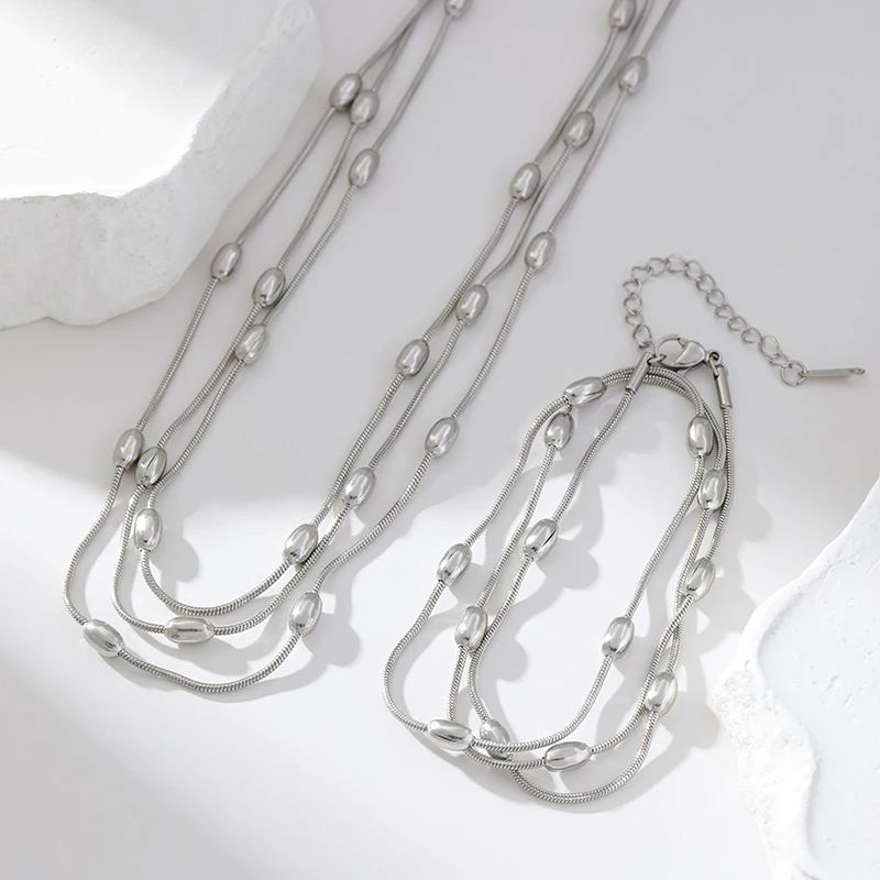 EILIECK 316L Stainless Steel Multilayer Wear Necklace Bracelet Set For Women Trendy Waterproof Silver Color Jewelry Holiday Gift