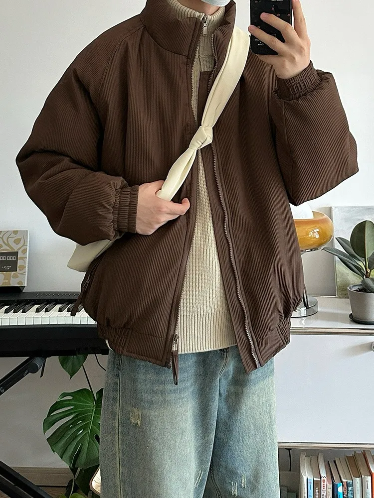 

Утепленная хлопковая куртка в стиле ретро с вертикальными полосками и воротником-стойкой, теплая зимняя верхняя одежда кофейного цвета свободного кроя для подростков и взрослых