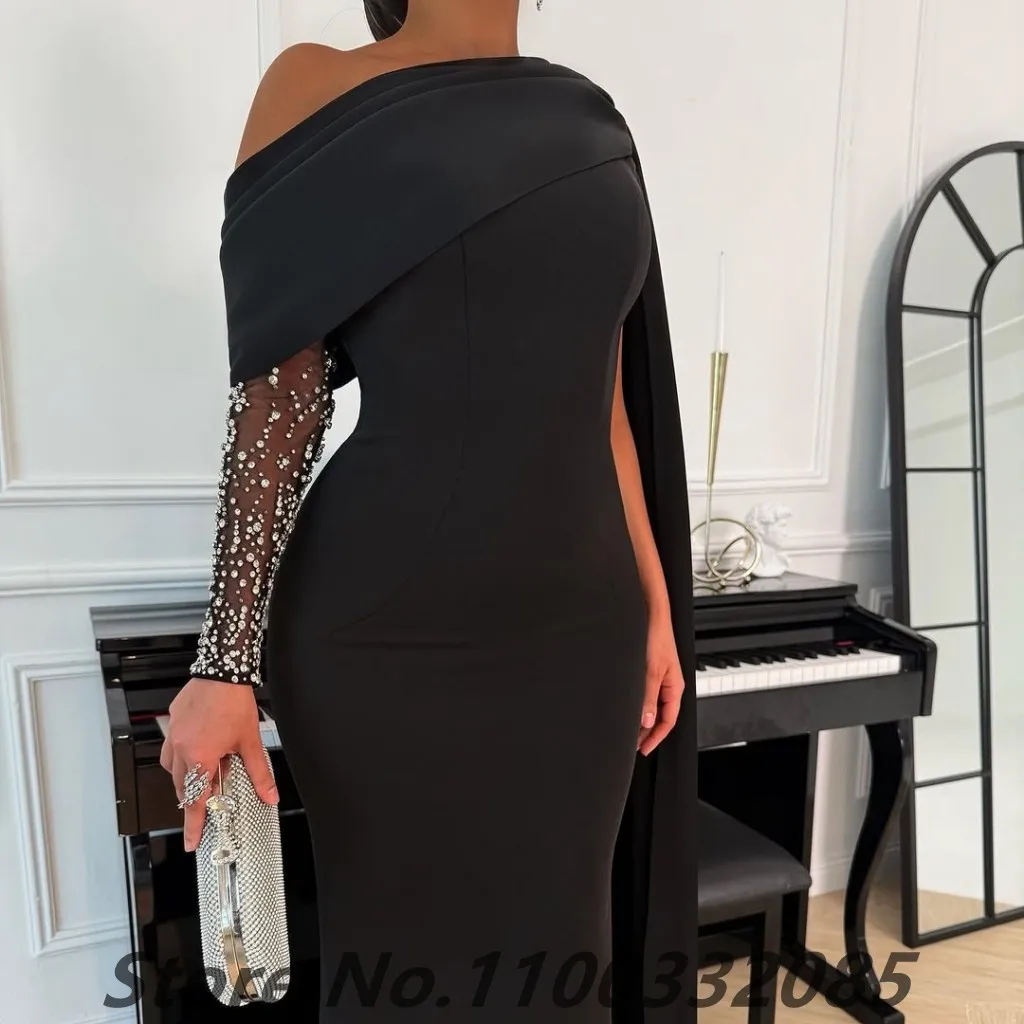 Eightale Customized Black Cape Evening Dress One Shoulder Mermaid Prom Party Dresses Women Dubai Formal Gowns Customize image 6
