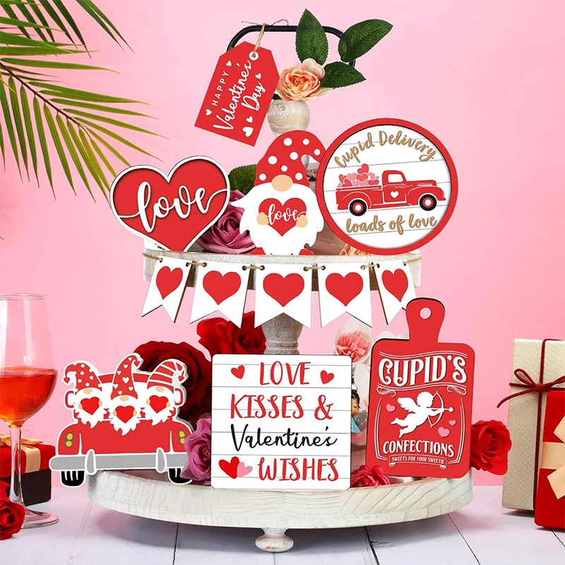 12Pcs Valentine's Day Tiered Tray Decor Valentine's Day Table Wooden Sign Decorations Valentine's Day Party Home Kitchen