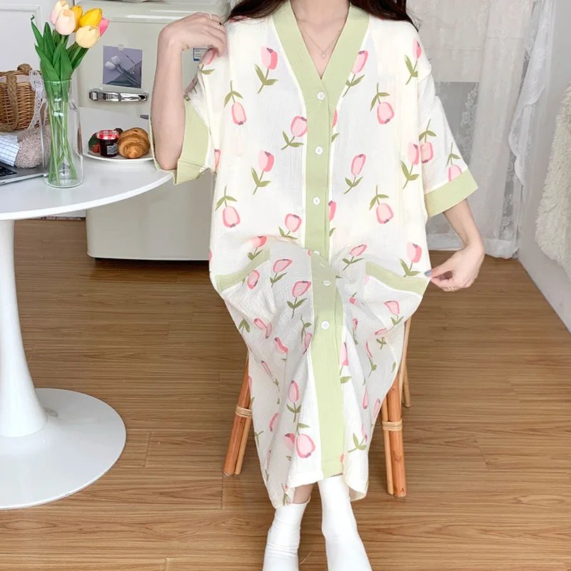 100% Cotton Maternity Nursing Night Dress Summer Loose Sweet Print Breastfeeding Sleepwear Clothes Women Home Wear Dress