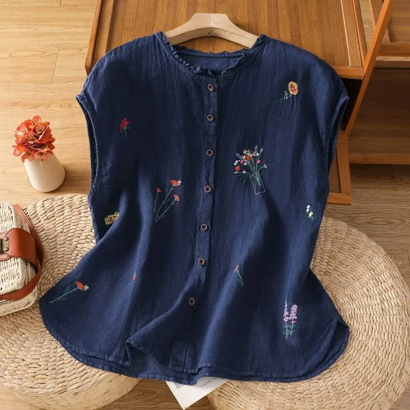 Literary Embroidery Cotton Linen Sleeveless Shirt for Women Summer Fungus Collar Fogn Style Casual Versatile Vest for Women