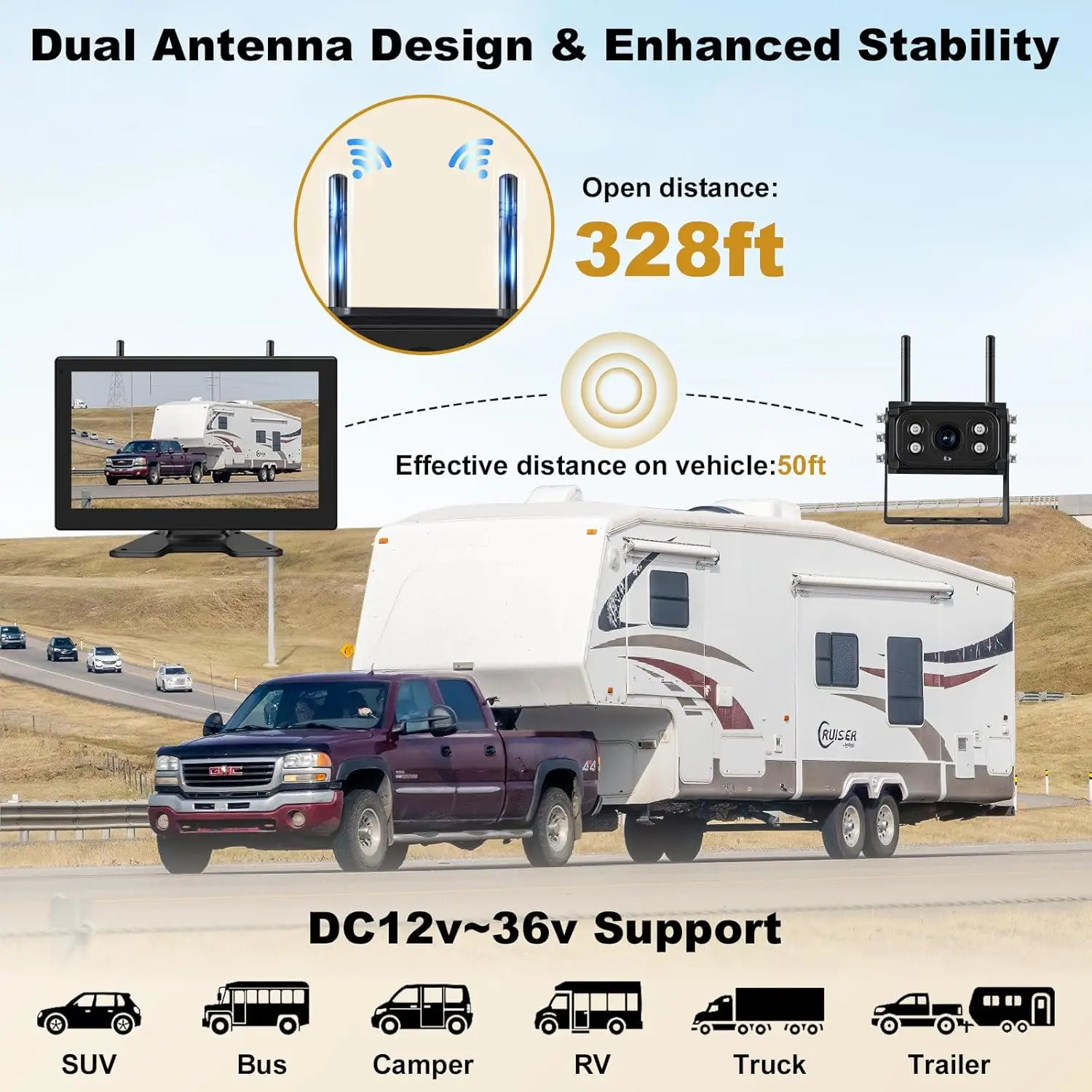 10 Inch AHD Digital Wireless Touch Screen Monitor, 4CH WiFi DVR Record IR Backup Camera Kit for Truck Trailer Bus RV SUV Parking