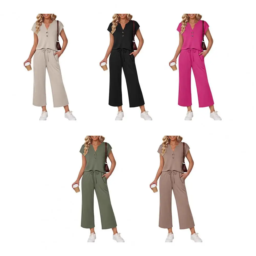 

V-neck Solid Color Short-sleeved Pullover Top Drawstring Wide-leg Trousers Two-piece Set Women's Sports Commuting All-match Suit